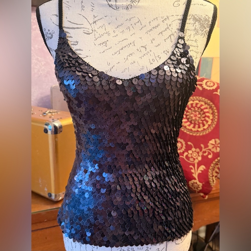SZ M Victoria's Secret Vintage Black Sequins Top with Spaghetti Straps